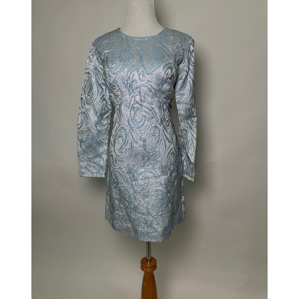 Vintage 1960s Blue Silver Metallic Lame Empire Waist Brocade Mini Dress 60s